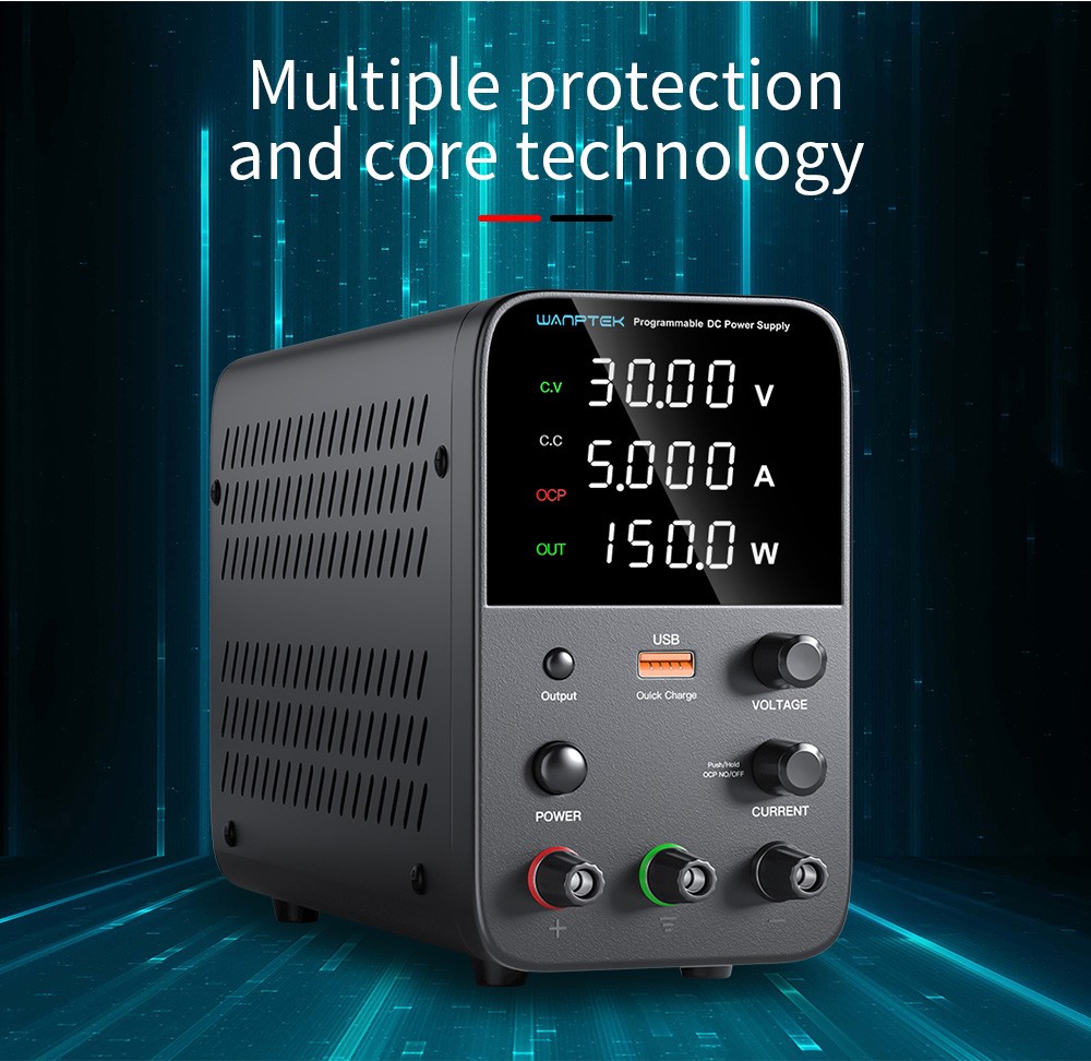 Wanptek WPS305 Programmable Regulated DC Power Supply, 30V 5A, Encoder Adjustment, USB Fast Charge, Intelligent Temperature Control, 4-Digit Display, Low Ripple, Low Noise Black - US Plug