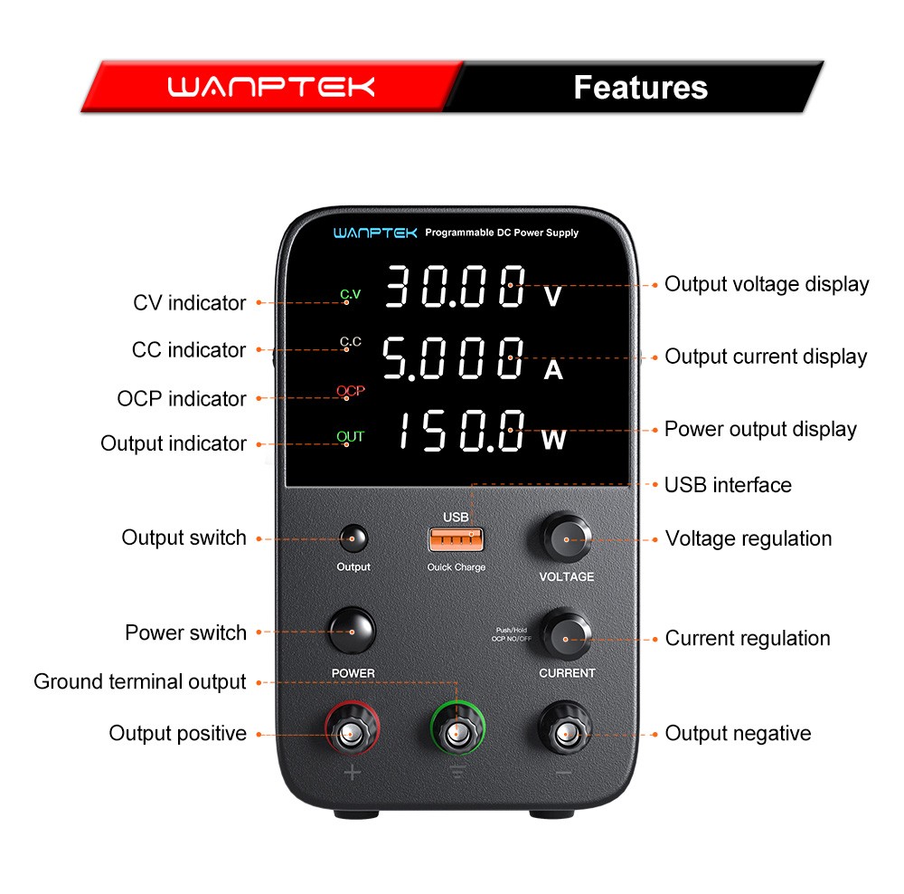 Wanptek WPS305 Programmable Regulated DC Power Supply, 30V 5A, Encoder Adjustment, USB Fast Charge, Intelligent Temperature Control, 4-Digit Display, Low Ripple, Low Noise Black - US Plug