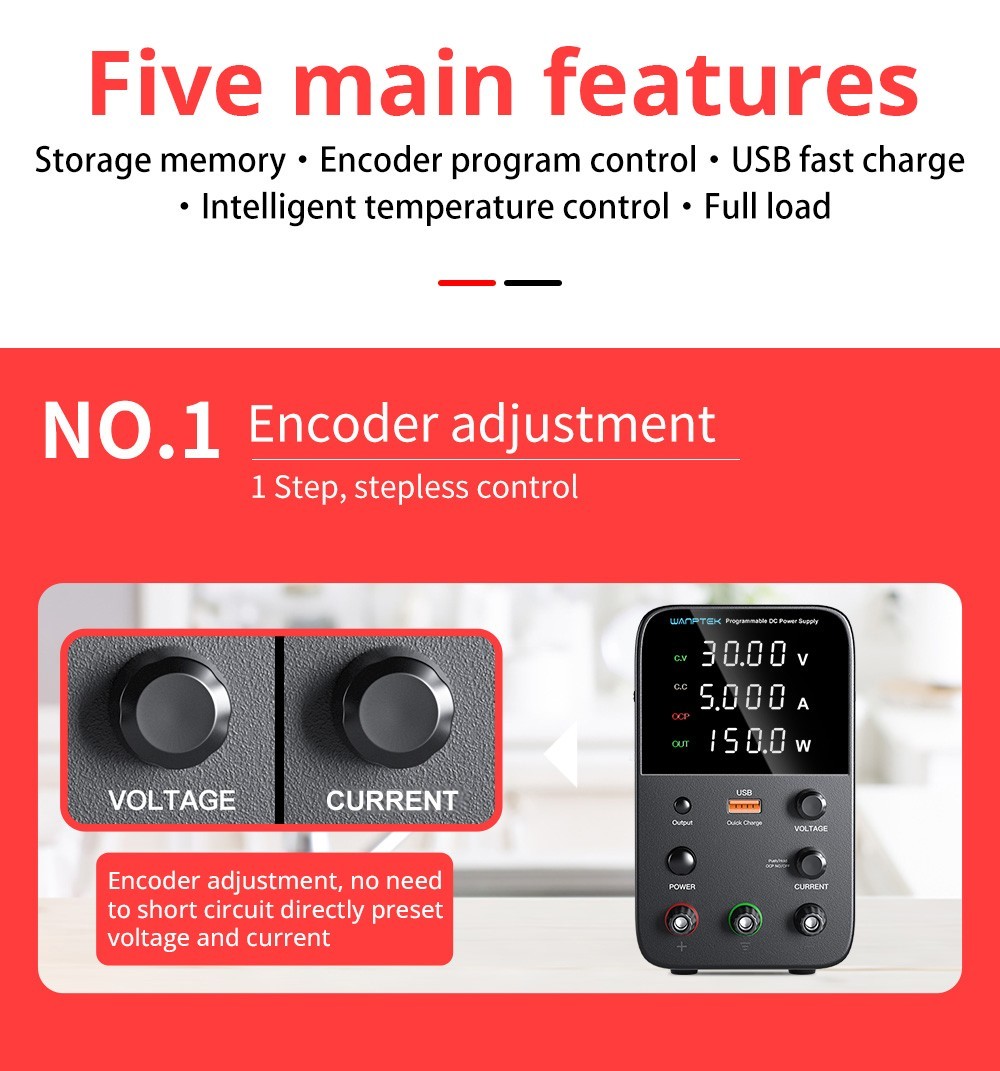 Wanptek WPS305 Programmable Regulated DC Power Supply, 30V 5A, Encoder Adjustment, USB Fast Charge, Intelligent Temperature Control, 4-Digit Display, Low Ripple, Low Noise Black - US Plug