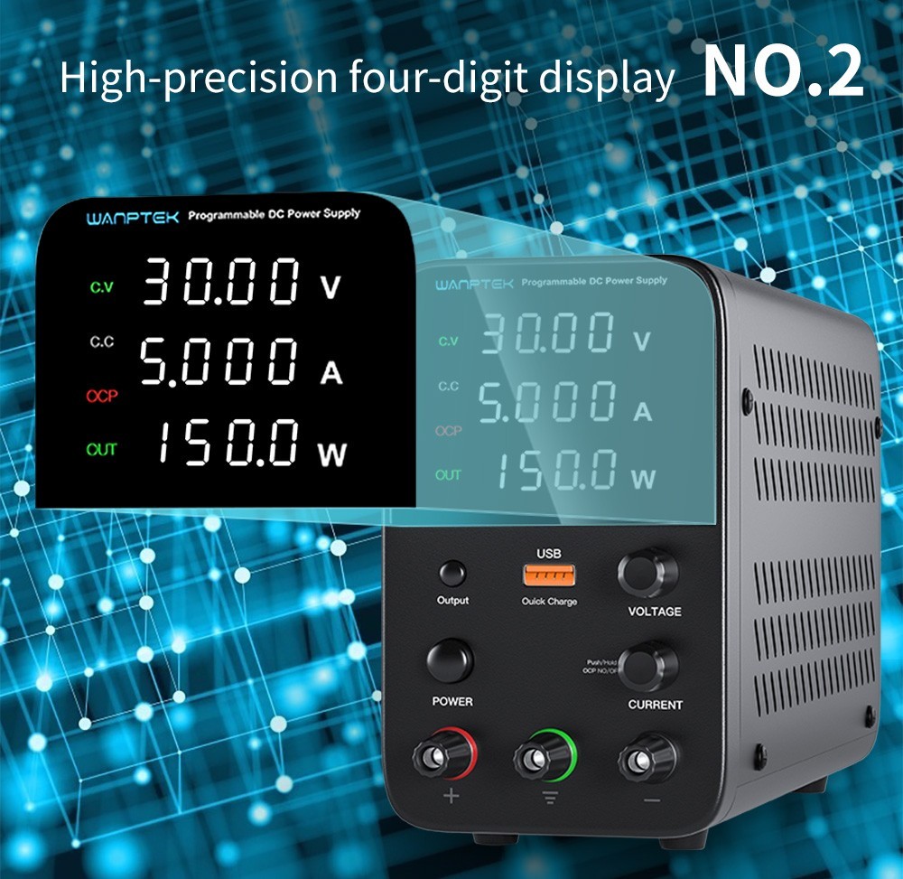 Wanptek WPS305 Programmable Regulated DC Power Supply, 30V 5A, Encoder Adjustment, USB Fast Charge, Intelligent Temperature Control, 4-Digit Display, Low Ripple, Low Noise Black - US Plug