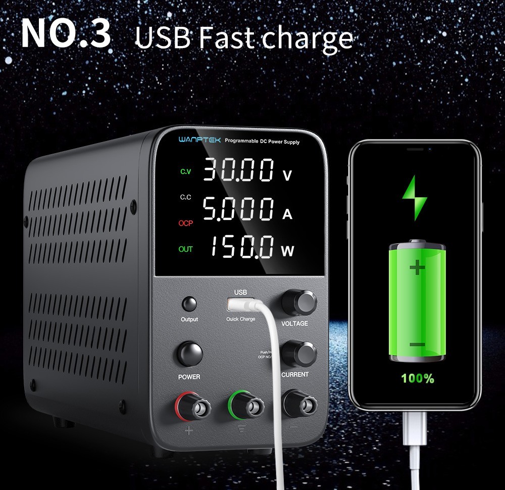 Wanptek WPS305 Programmable Regulated DC Power Supply, 30V 5A, Encoder Adjustment, USB Fast Charge, Intelligent Temperature Control, 4-Digit Display, Low Ripple, Low Noise Black - US Plug