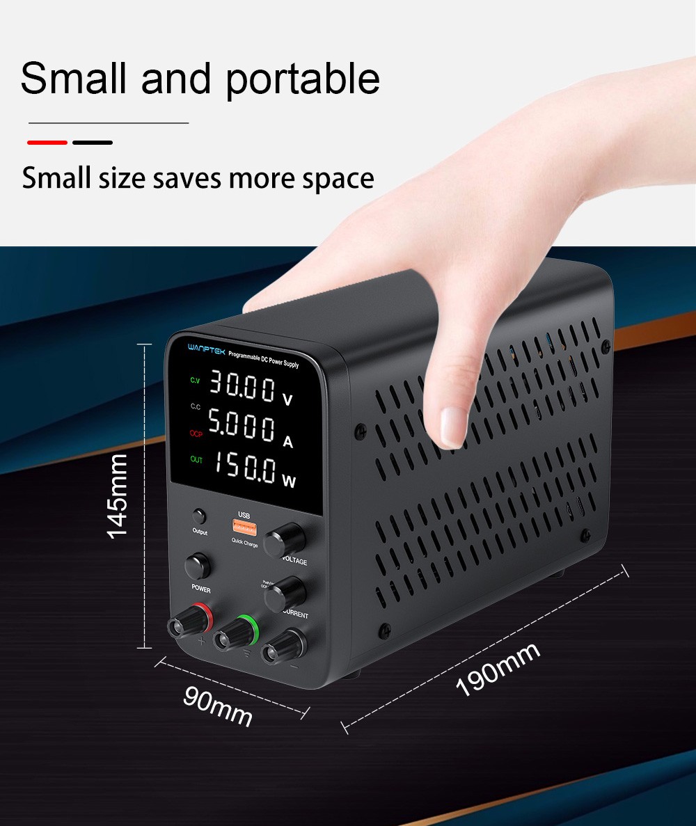 Wanptek WPS305 Programmable Regulated DC Power Supply, 30V 5A, Encoder Adjustment, USB Fast Charge, Intelligent Temperature Control, 4-Digit Display, Low Ripple, Low Noise Black - UK Plug