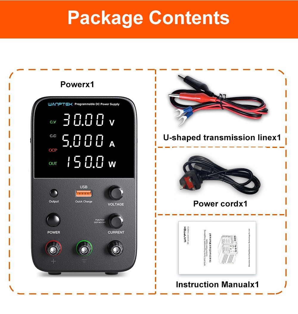 Wanptek WPS305 Programmable Regulated DC Power Supply, 30V 5A, Encoder Adjustment, USB Fast Charge, Intelligent Temperature Control, 4-Digit Display, Low Ripple, Low Noise White - UK Plug