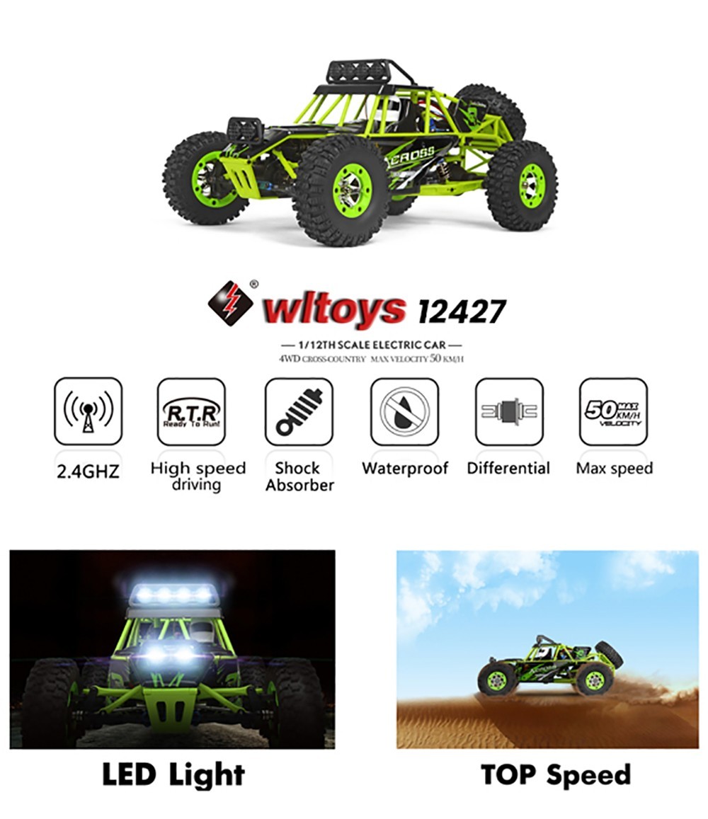 Wltoys 12427 1/12 Full Scale RC Car Off-road 540 Brushed Motor 50km/h Max Speed - 1 Battery