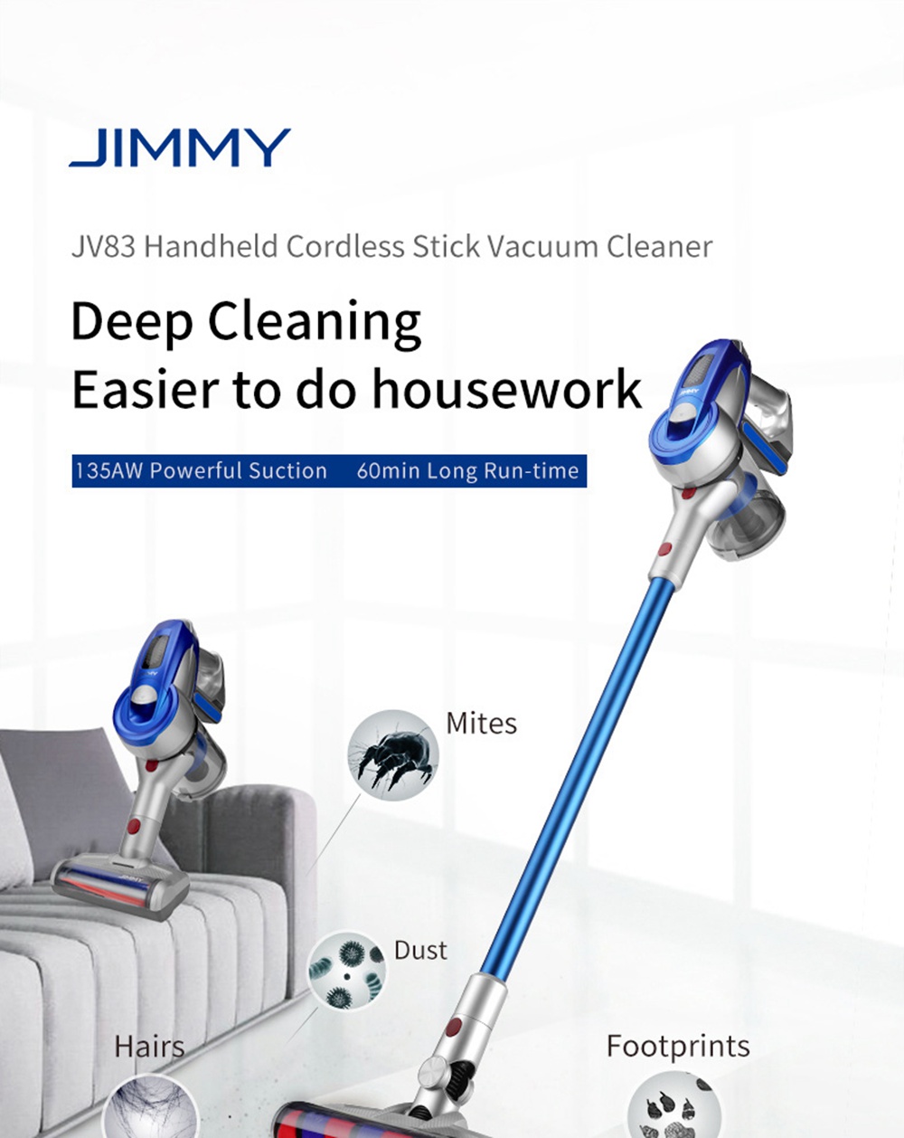 Xiaomi JIMMY JV83 Cordless Stick Vacuum Cleaner 135AW Suction 60 Minute Run Time Anti-winding Hair Mite Cleaning Global Version - Blue