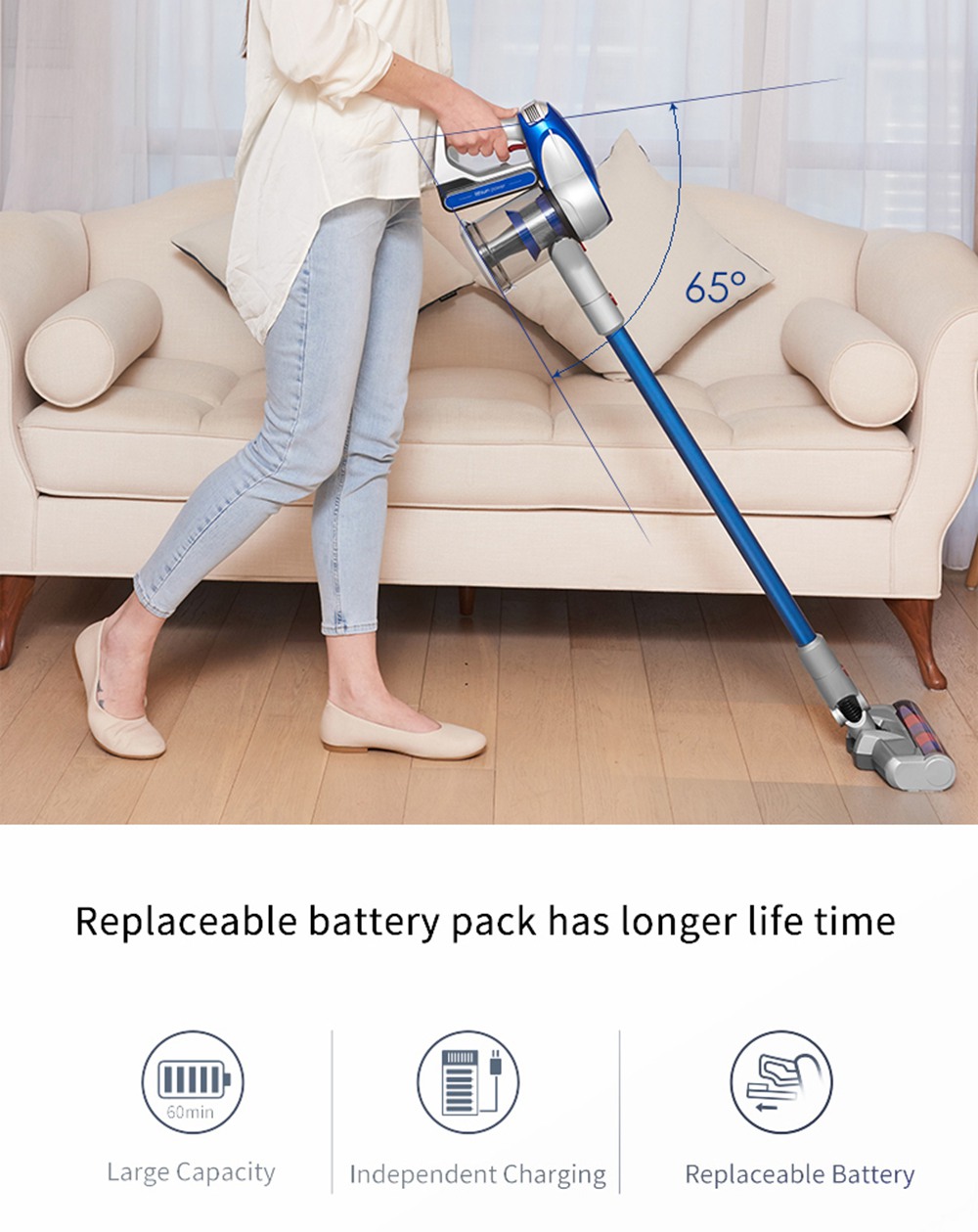 Xiaomi JIMMY JV83 Cordless Stick Vacuum Cleaner 135AW Suction 60 Minute Run Time Anti-winding Hair Mite Cleaning Global Version - Blue