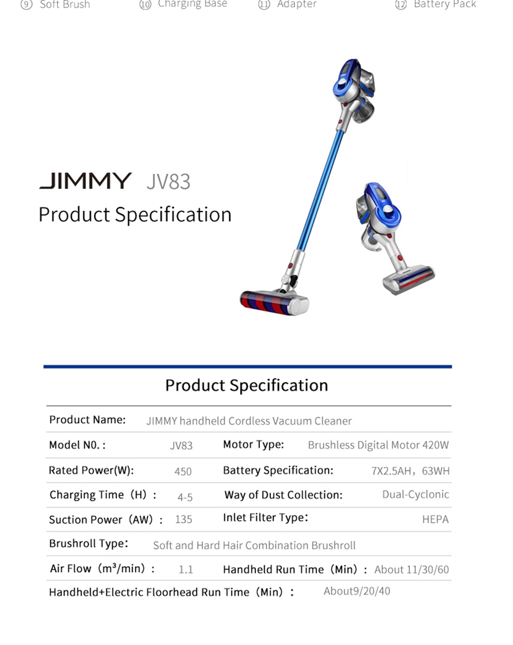 Xiaomi JIMMY JV83 Cordless Stick Vacuum Cleaner 135AW Suction 60 Minute Run Time Anti-winding Hair Mite Cleaning Global Version - Blue