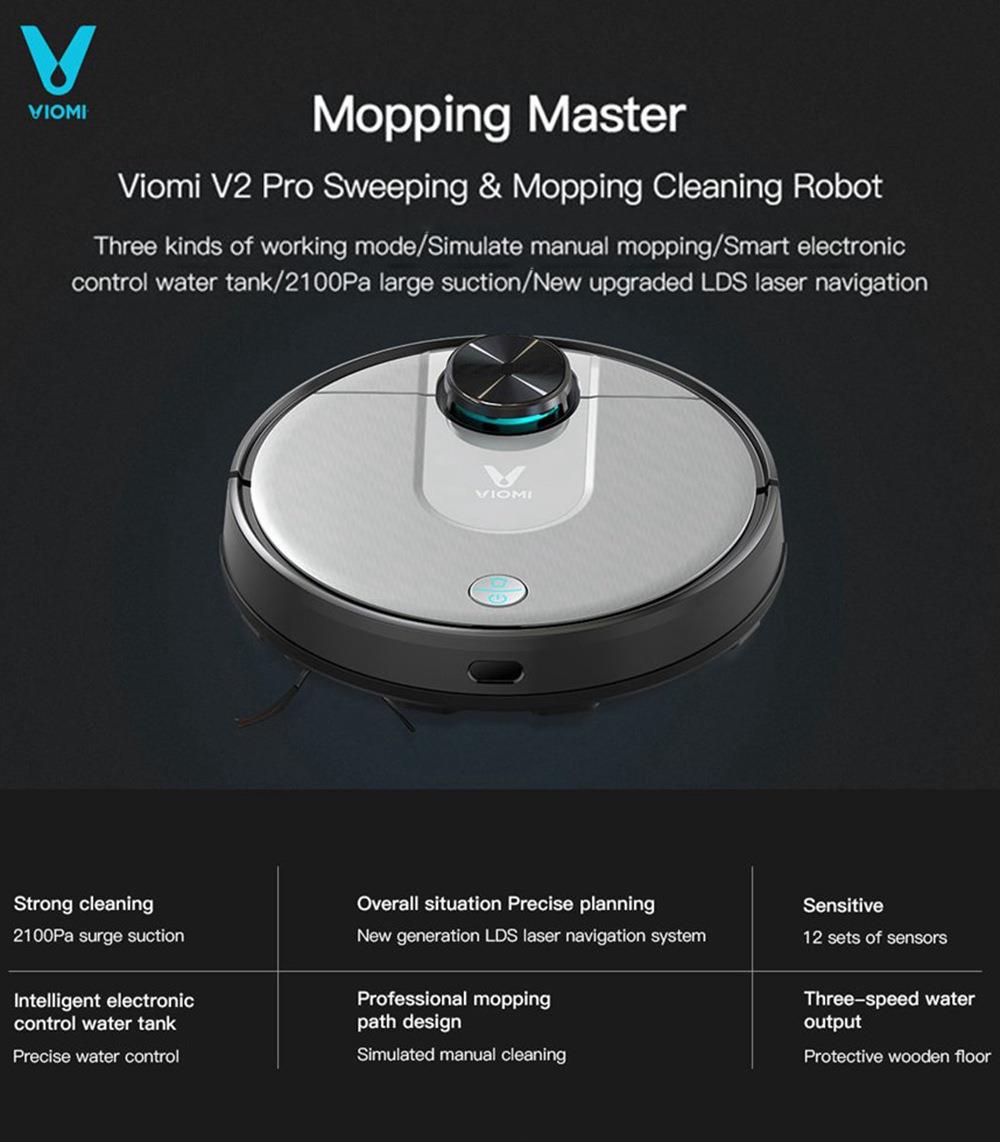 Refurbished Xiaomi VIOMI V2 Pro Robot Vacuum Cleaner 2 in 1 Sweeping Mopping 2100Pa LDS Laser Navigation Intelligent Electric Control Tank EU Plug - Grey