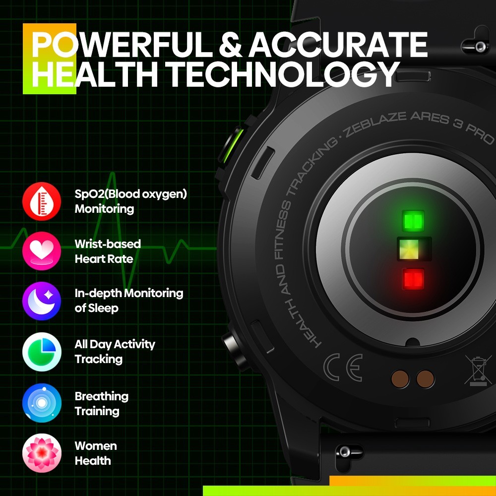 Zeblaze Ares 3 Pro Voice Calling Smartwatch 1.43in Ultra HD AMOLED Display Heart Rate SpO2 Blood Pressure Monitor - Black