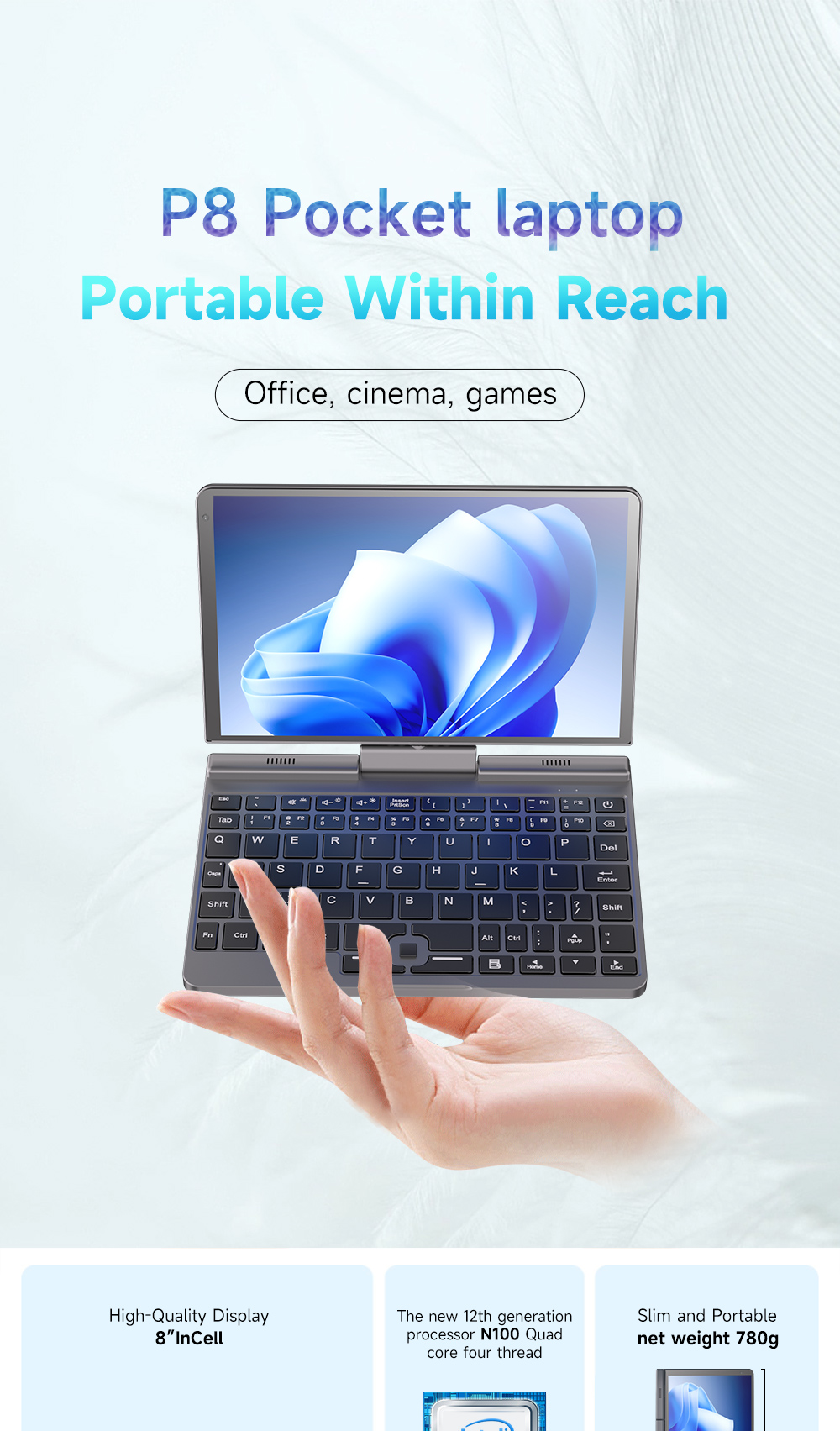 Meenhong P8 2 in 1 Laptop 8in Intel 12th Alder Lake N100 Quad Core up to 3.4GHz, 12GB LPDDR5 256GB SSD, Windows 11 Pro, WiFi6, Bluetooth 5.2 - US