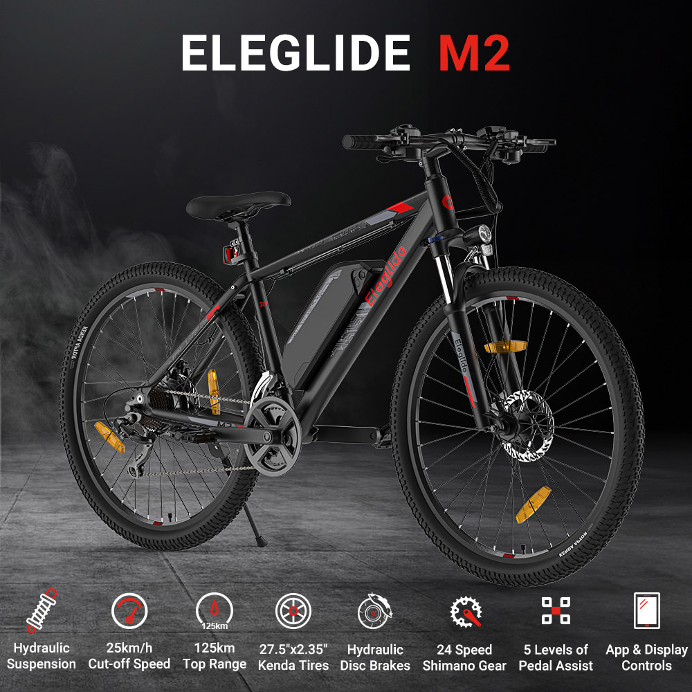 Eleglide M2 Electric Moped Bike 27.5*2.35 inch Pneumatic Rubber Tire 250W Motor 25km/h Speed 36V 15Ah Battery 125km Range 120kg Load Shimano 24-Speed Gear Hydraulic Disc Brakes with APP Control Electric Mountain Bike