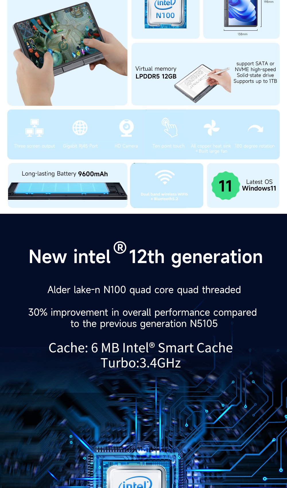 Meenhong P8 2 in 1 Laptop 8in Intel 12th Alder Lake N100 Quad Core up to 3.4GHz, 12GB LPDDR5 256GB SSD, Windows 11 Pro, WiFi6, Bluetooth 5.2 - US