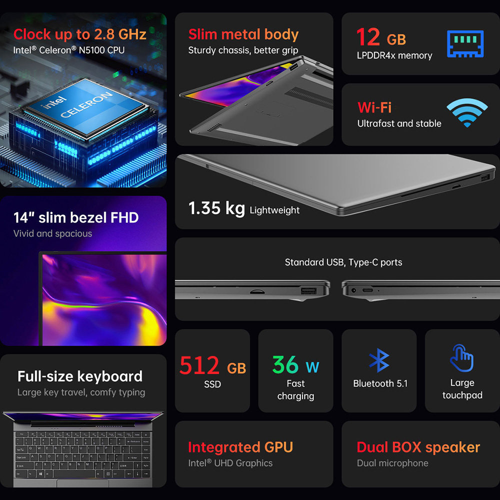 (Free Gift 5 in 1 Cleaner Kit) ALLDOCUBE GT BOOK Laptop, 14.1 inch FHD 1920x1080, Intel Celeron N5100 Quad Core 2.8GHz, 12GB DDR4 512GB SSD, Wi-Fi 6 BT5.1, USB Type-C Micro SD, Backlit Keyboard, 5000mAh 36W PD Fast Charging Windows 11 Home - EU Plug