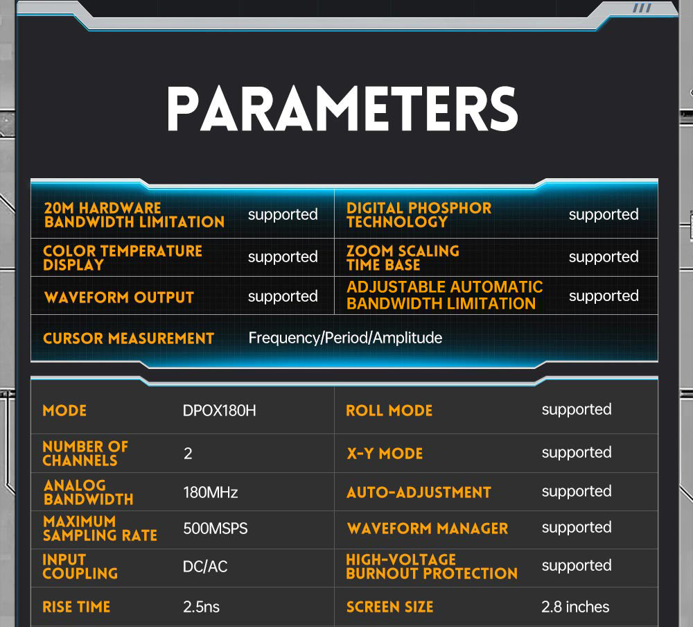 FNIRSI DPOX180H Digital Phosphor Oscilloscope 2 in 1 Dual-channel, 180MHz Bandwidth, DDS Signal Generator - Yellow