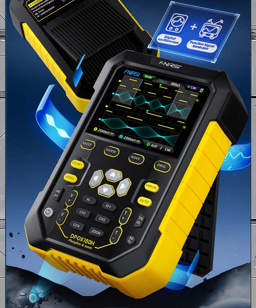 FNIRSI DPOX180H Digital Phosphor Oscilloscope 2 in 1 Dual-channel, 180MHz Bandwidth, DDS Signal Generator - Yellow