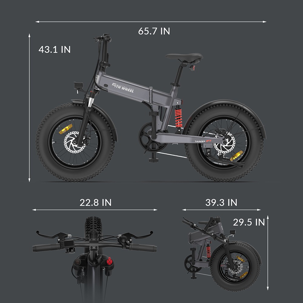 5TH WHEEL Thunder 1FT Electric Bike 20*4.0'' Inflatable Rubber Tires, 500W Peak 800W Motor 20mph Max Speed 50 MilesRange