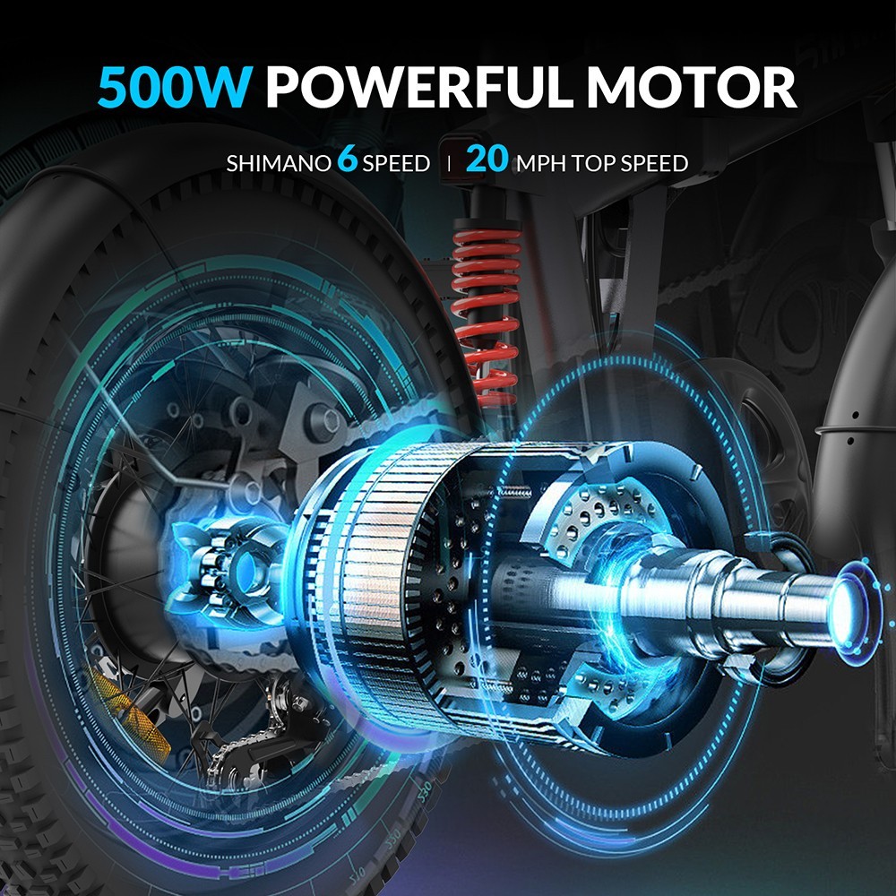 5TH WHEEL Thunder 1FT Electric Bike 20*4.0'' Inflatable Rubber Tires, 500W Peak 800W Motor 20mph Max Speed 50 MilesRange
