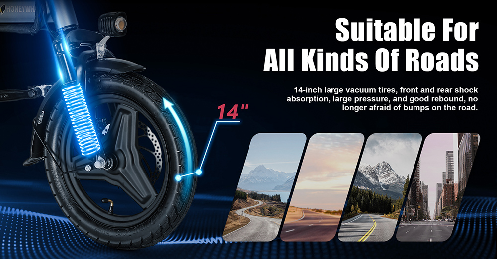 Honey Whale S6 Pro Electric Bike 14 inch Tire 350W Brushless Motor 35km/h Max Speed 48V 15Ah Battery 45-55km Range Disc Brakes