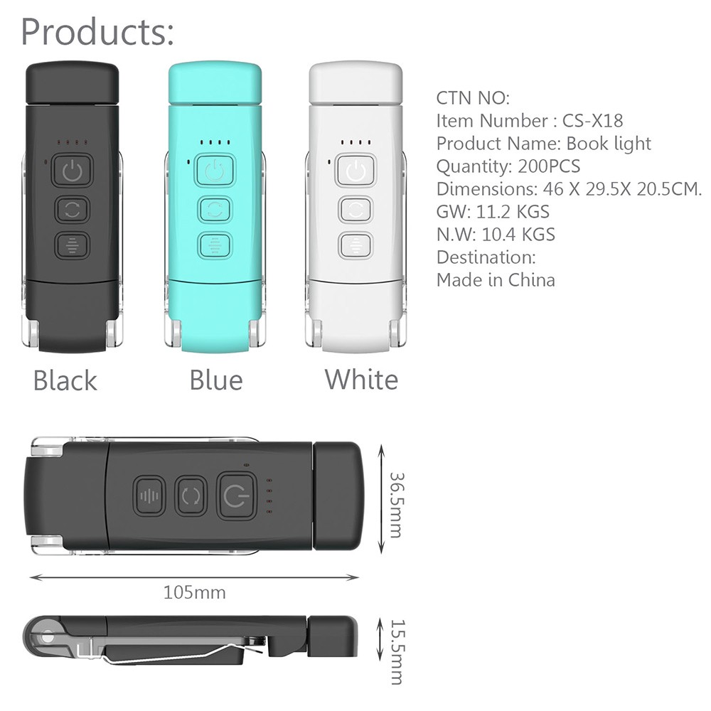 9 LED Mini Book Clip Reading Light, 5 Levels Brightness, 1600-6000K Color Temperature, 500mAh Battery - Black