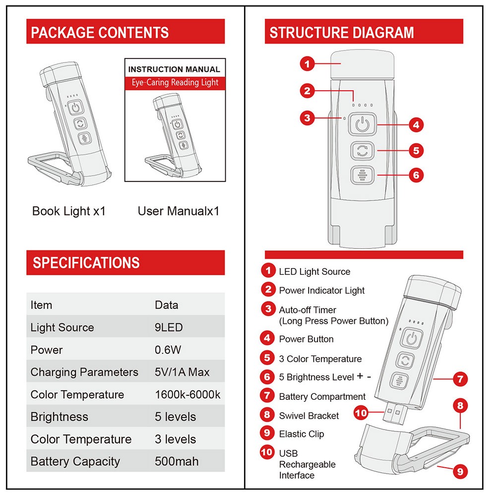 9 LED Mini Book Clip Reading Light, 5 Levels Brightness, 1600-6000K Color Temperature, 500mAh Battery - Black