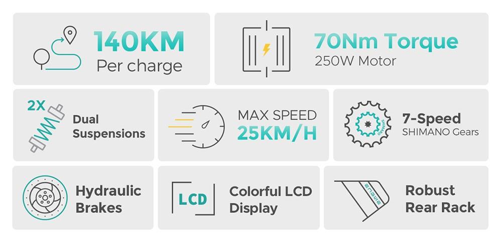 ENGWE E26 Electric Bike, 48V 16AH Battery 250W Motor Mountain Bike Shimano 7-Speed Gear 140km Max Range