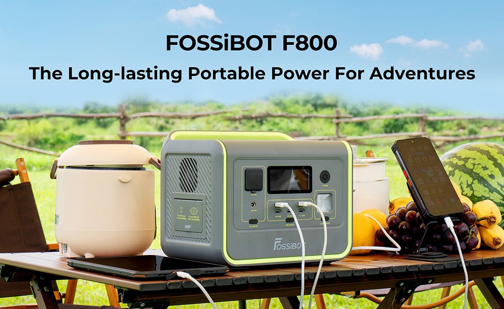 FOSSiBOT F800 Portable Power Station, 512Wh LiFePO4 Solar Generator, 800W AC Output, 200W Max Solar Input, 8 Outlets, LED Light - Black
