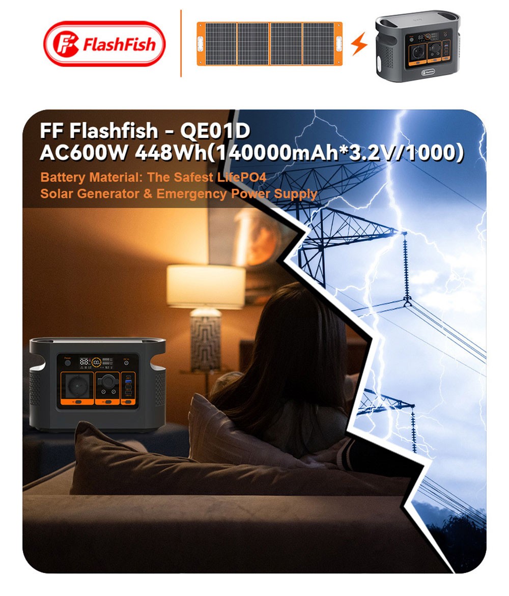 Flashfish QE01D Portable Power Station, 22.4V/20Ah 448Wh LiFePO4 Battery, 600W AC Output, LED Display, 230V Pure Sine Wave - EU Plug