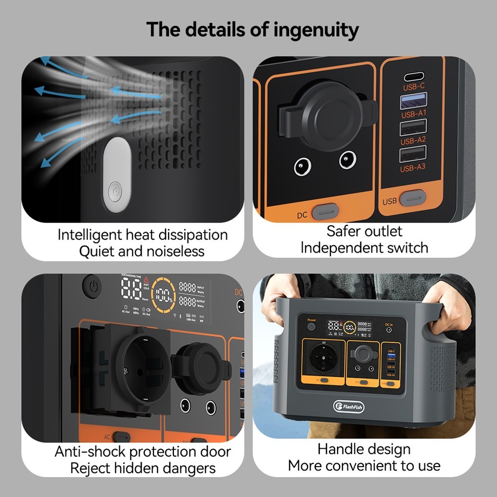 Flashfish QE01D Portable Power Station, 22.4V/20Ah 448Wh LiFePO4 Battery, 600W AC Output, LED Display, 230V Pure Sine Wave - EU Plug