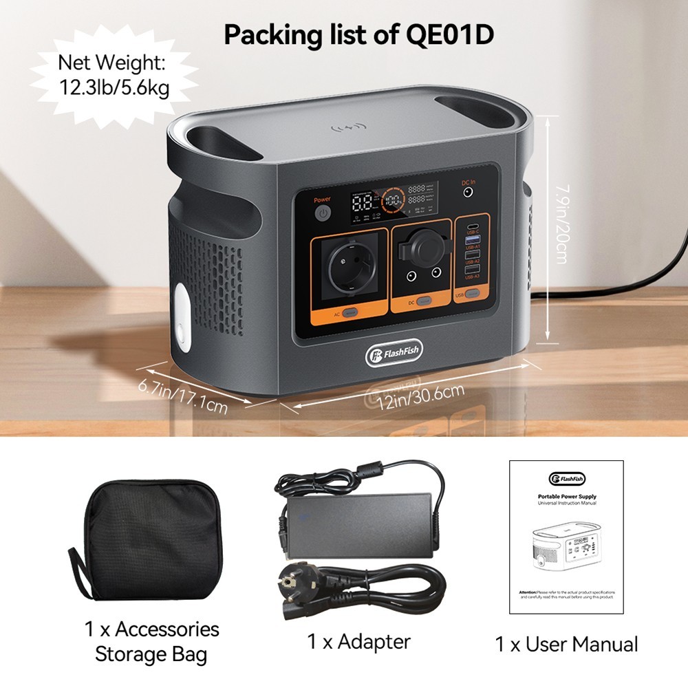 Flashfish QE01D Portable Power Station, 22.4V/20Ah 448Wh LiFePO4 Battery, 600W AC Output, LED Display, 230V Pure Sine Wave - EU Plug