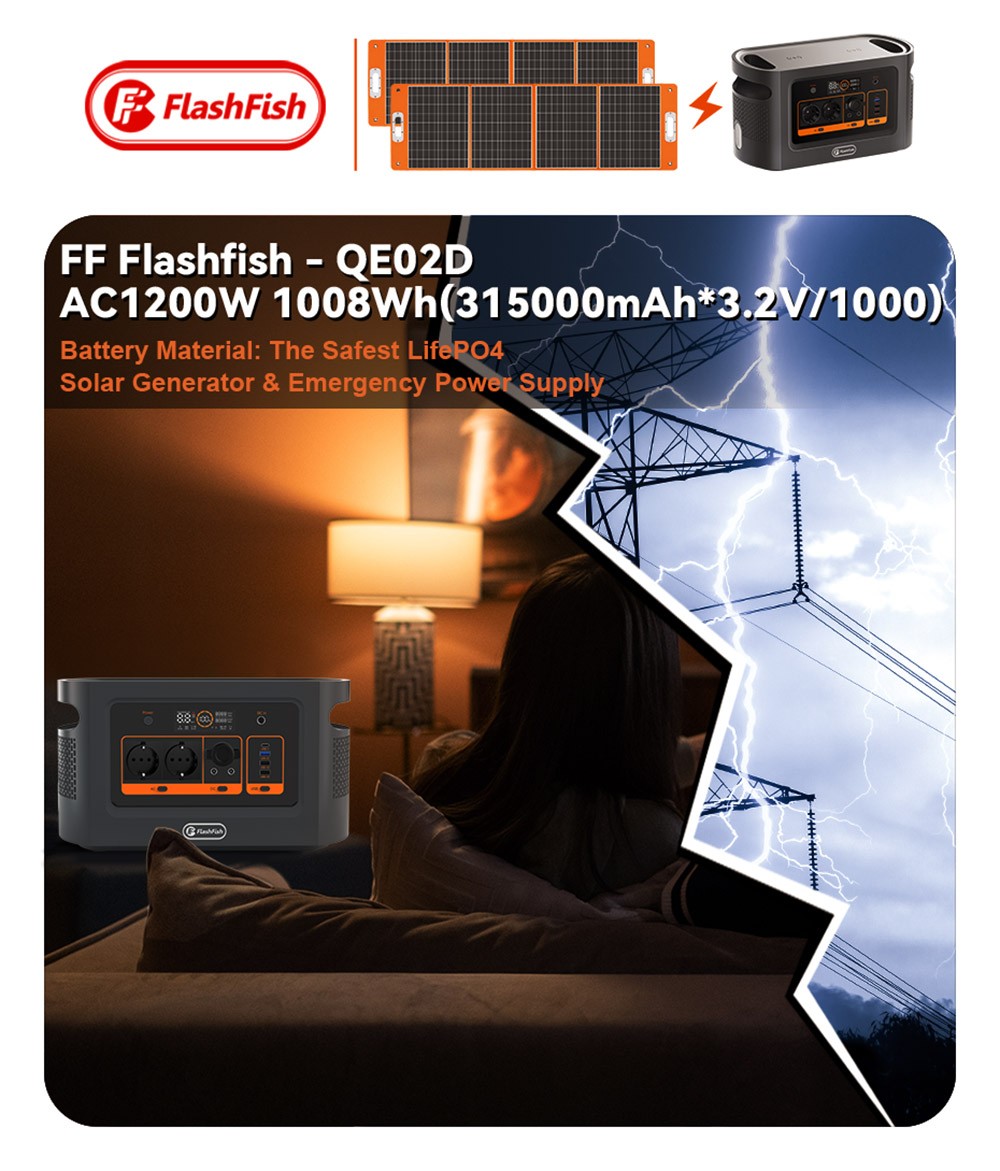 Flashfish QE02D Portable Power Station, 22.4V/45Ah 1008Wh LiFePO4 Battery, 1200W AC Output, LED Display, 230V Pure Sine Wave - EU Plug