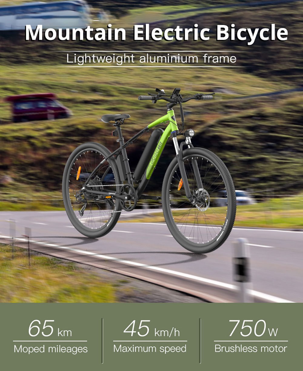 GOGOBEST GM30 Electric Bike 29*2.1 inch 48V 750W Motor 45km/h Max Speed 13Ah Battery 65km Range Shimano 7 Speed Gear - Black Green