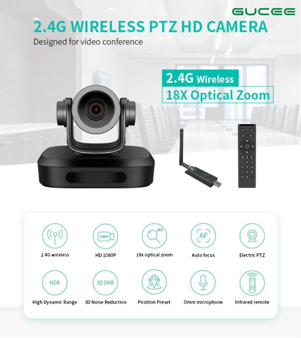 GUCEE G07-18X 2.4G Wireless Video Conference PTZ Camera, 18X Optical Zoom, 1920*1080 Resolution, Auto Focus, 3D Digital Noise Reduction - EU Plug