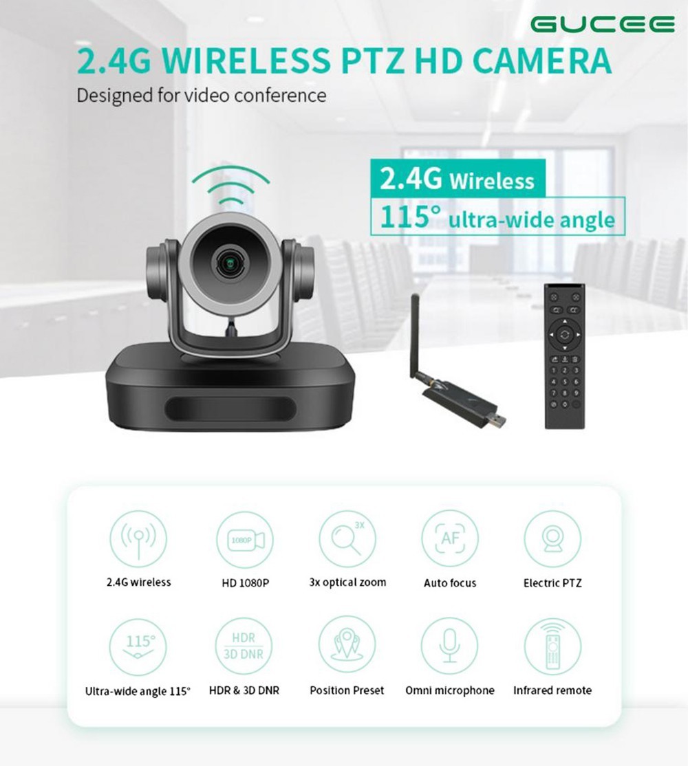 GUCEE G07-3X 2.4G Wireless Video Conference PTZ Camera, 3X Optical Zoom, 1920*1080 Resolution, Auto Focus, Digital Noise Reduction - EU Plug