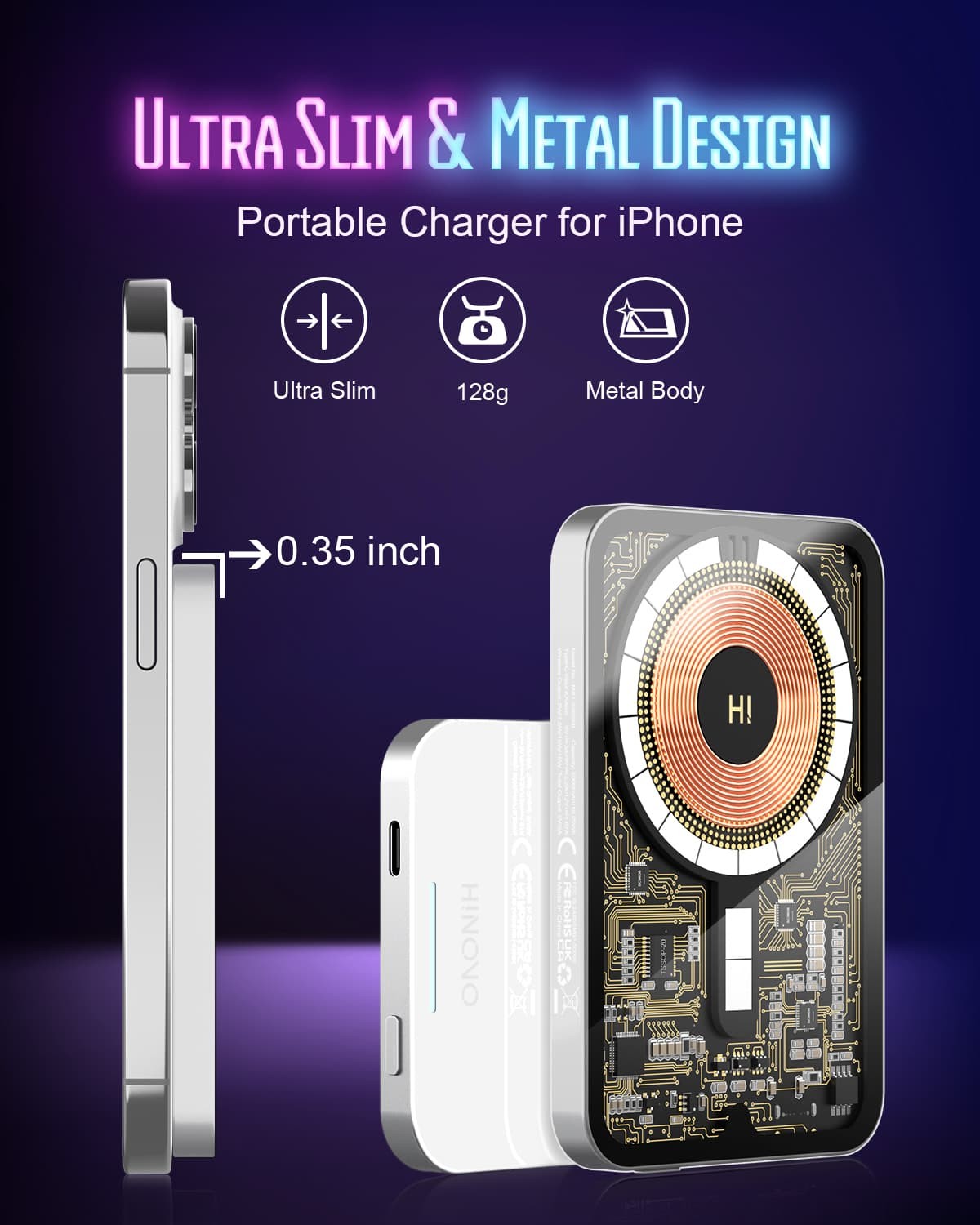HINOVO MB1-5000xw Kabelloses tragbares Ladegerät, 5000 mAh magnetische kabellose Powerbank, PD 20 W Schnellladung, Cyberpunk-Stil