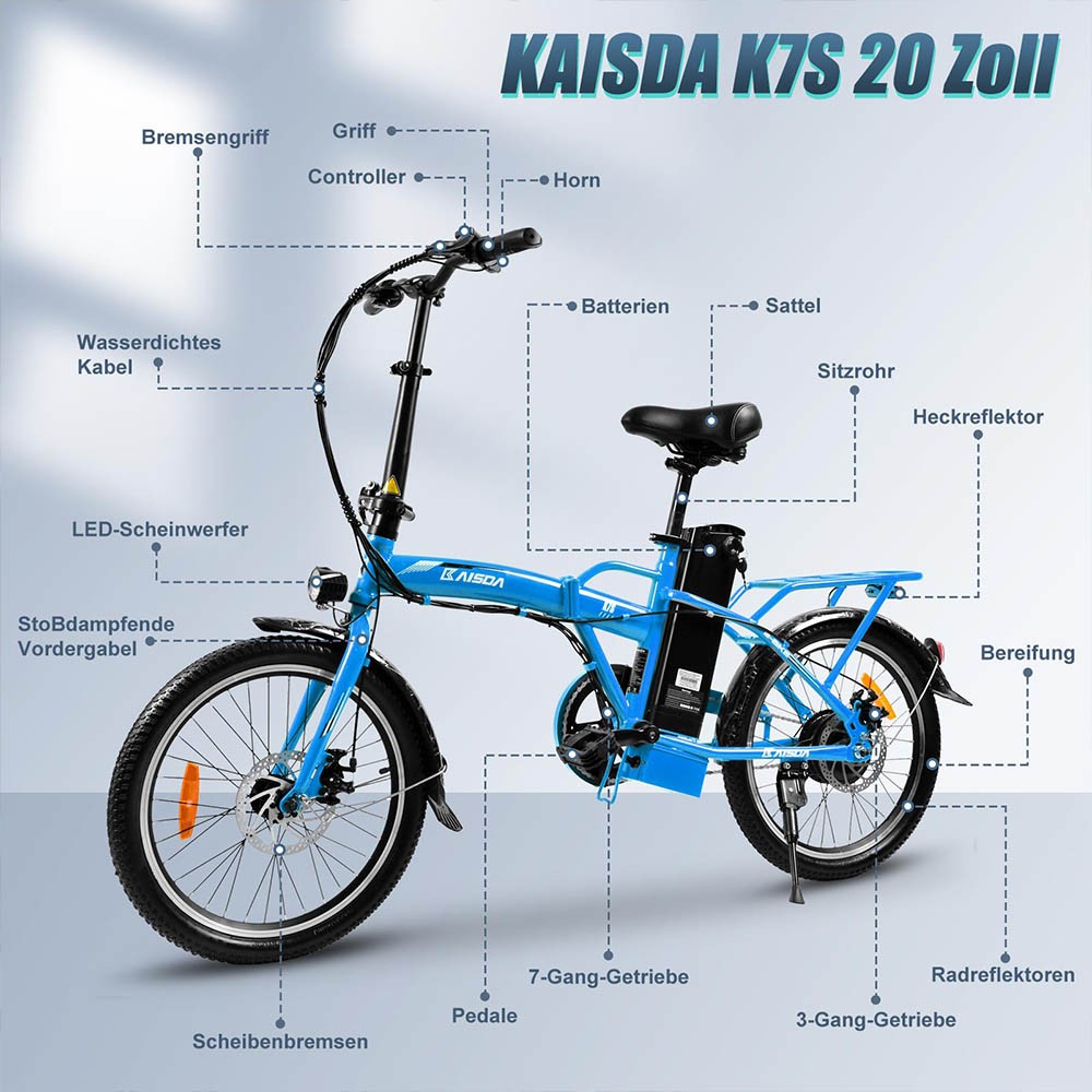 KAISDA K7S Electric Bike 20x1.95 inch Tire 36V 350W Motor 25-28km/h Max Speed 12.5Ah Battery 45-75km Range 120kg Load - Blue