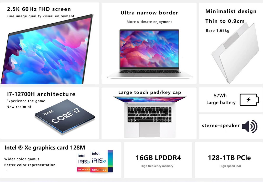 KUU A6 Laptop 16'' 2560*1600 Screen Intel Core i7-1280P CPU 16GB LPDDR4 512GB SSD Windows 11 Pro, 5G WiFi