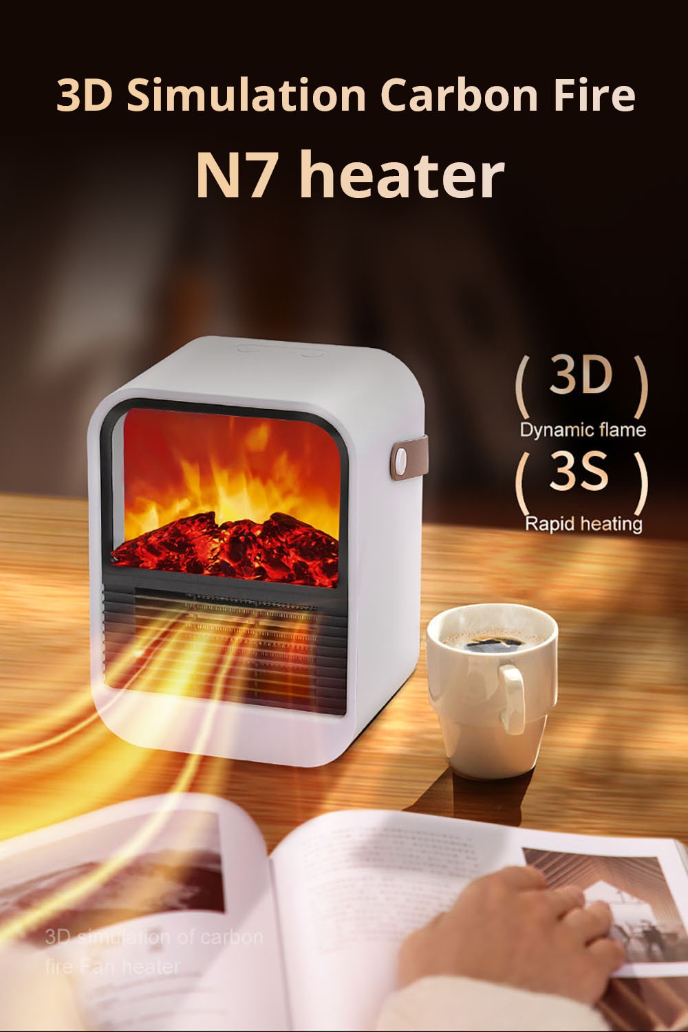 N7 Small Desktop 3D Simulated Charcoal Heater with Handle, 2-Speed Thermostat - US Plug