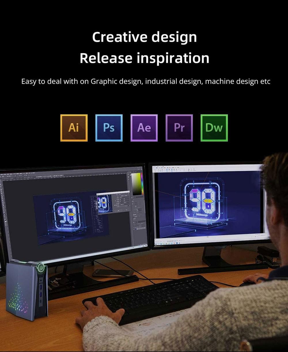 OUVIS AMR5 Mini PC, AMD Ryzen 7 5600U, 16GB DDR4 512GB SSD, HDMI+DP+Type-C 4K 60Hz Triple Display, Windows 11 Pro - EU