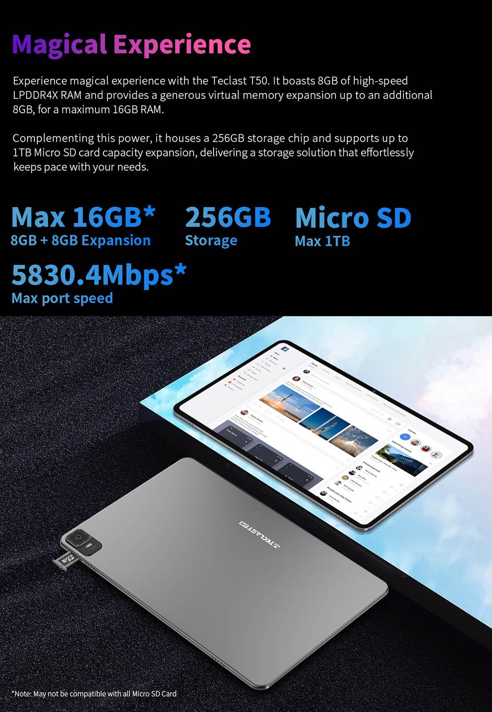 Teclast New T50 Tablet 10.95inch 2K Display, 16GB RAM 256GB ROM, 20MP Rear AF Camera 8MP Front Camera, Android 13