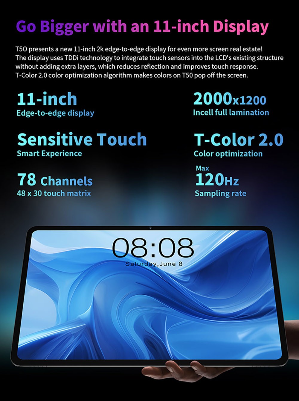 Teclast New T50 Tablet 10.95inch 2K Display, 16GB RAM 256GB ROM, 20MP Rear AF Camera 8MP Front Camera, Android 13