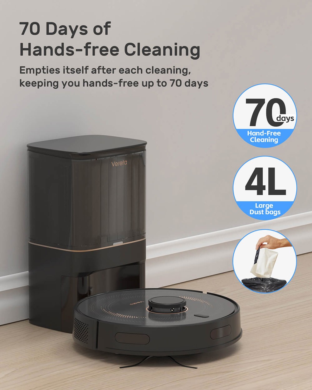 Verefa L11 Pro Robot Vacuum Cleaner, Self Emptying, 3000Pa Suction, LiDAR Navigation, 4L Dust Bag, Max 270 Mins Runtime, 70 Days Hands-Free Cleaning, App / Voice Control