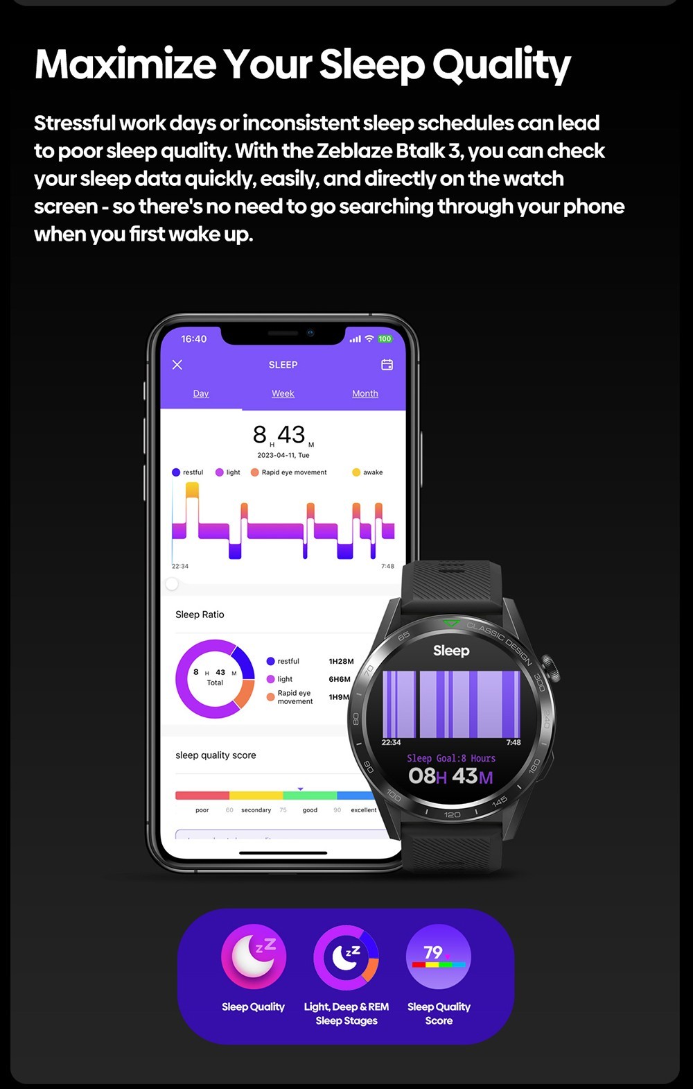 Zeblaze Btalk 3 Voice Calling Smartwatch Bluetooth 5.2 Health Monitor 1.39 inch HD Color Display, Black