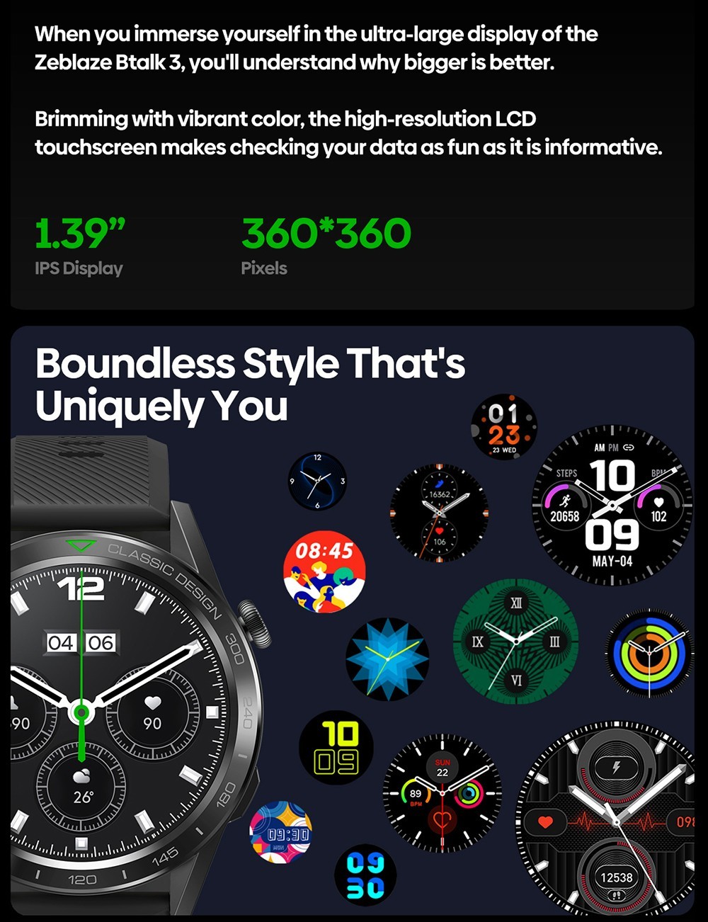 Zeblaze Btalk 3 Voice Calling Smartwatch Bluetooth 5.2 Health Monitor 1.39 inch HD Color Display, Black