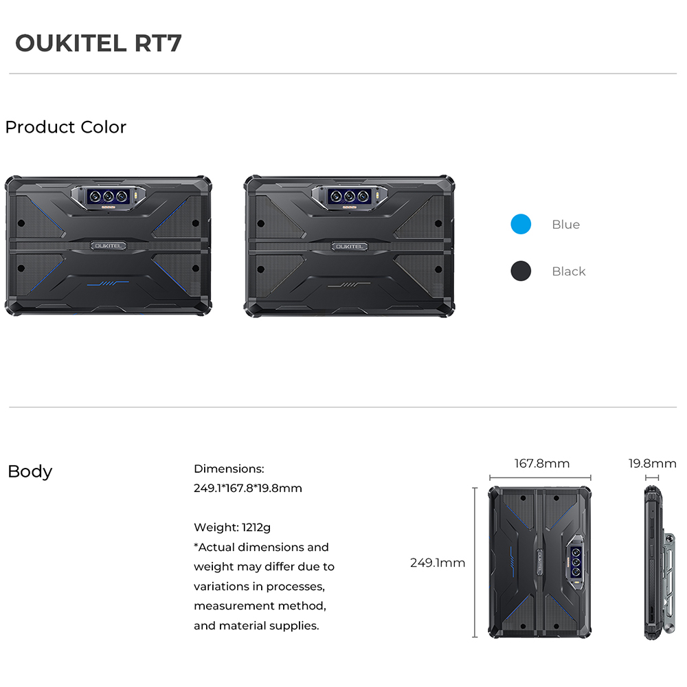 OUKITEL RT7 5G Tablet 10.1 inch 1920x1200, Dimensity 720(MT6853), 12GB+12GB RAM 256GB ROM, 32MP FF Camera + 48MP AF Camera + 20MP AF Night Version Camera, Android 13, Nano+Nano/Nano+TF - Black