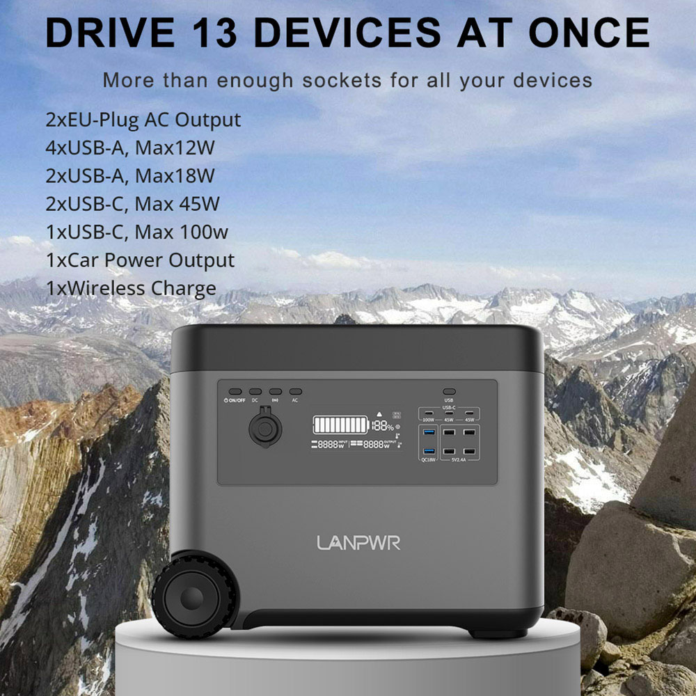 LANPWR 2500W Portable Power Station, 2160Wh LifePo4 Solar Generator, 15W Wireless Charging, 14 Outlets, 65 Mins AC Fast Charging, for Balcony Solar System, Camping, RV Trip, Outdoor Party, Home Use