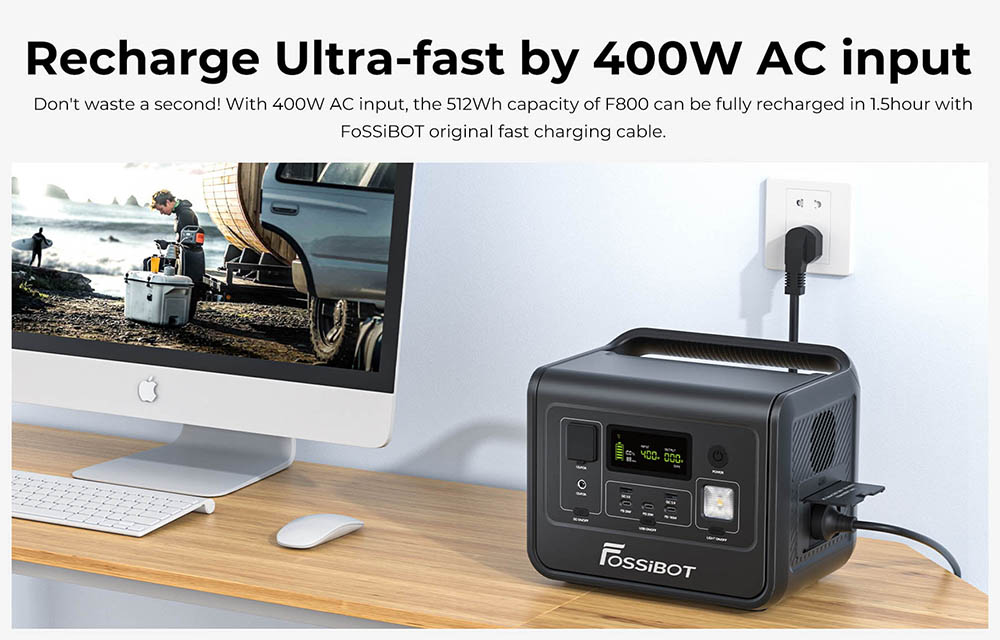 FOSSiBOT F800 Portable Power Station, 512Wh LiFePO4 Solar Generator, 800W AC Output, 200W Max Solar Input, 8 Outlets, LED Light - Black