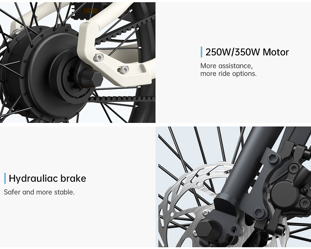 ADO A20 Air Folding E-bike 20 inch 36V 250W Motor 25km/h Max Speed 10Ah Samsung Battery 100km Range Torque Sensor IPX7 Waterproof IPS Color Display Carbon Belt Drive Dual Hydraulic Disc Brake- White