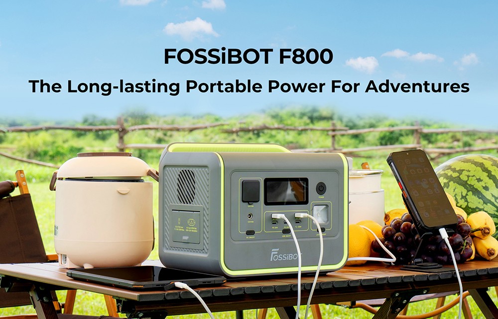 FOSSiBOT F800 Portable Power Station, 512Wh LiFePO4 Solar Generator, 800W AC Output, 200W Max Solar Input, 8 Outlets, LED Light - Black