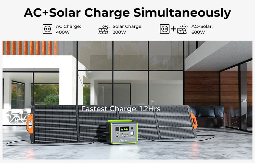 FOSSiBOT F800 Portable Power Station, 512Wh LiFePO4 Solar Generator, 800W AC Output, 200W Max Solar Input, 8 Outlets, LED Light - Black