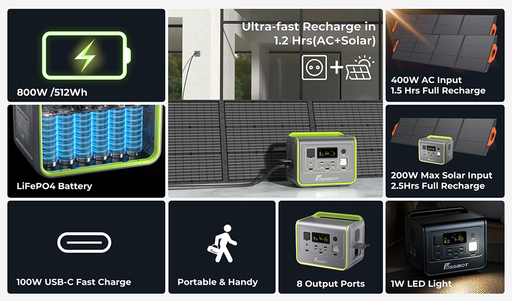 FOSSiBOT F800 Portable Power Station, 512Wh LiFePO4 Solar Generator, 800W AC Output, 200W Max Solar Input, 8 Outlets, LED Light - Black